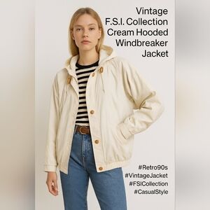 Vintage F.S.L. Collection Cream Hooded Windbreaker Jacket Sz Small